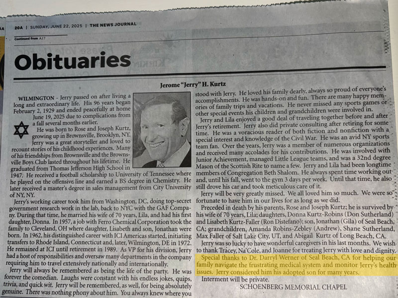 Obituary thanking Dr. Werner